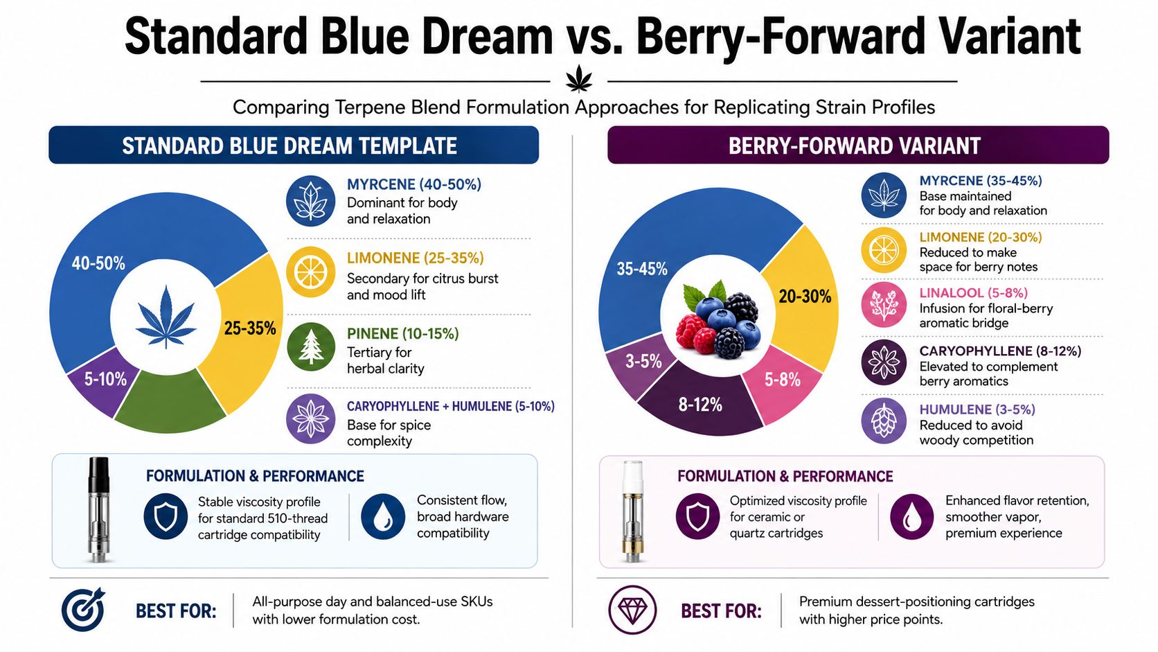 A comparison chart showing terpene profile formulations for standard Blue Dream versus a berry-forward variant.