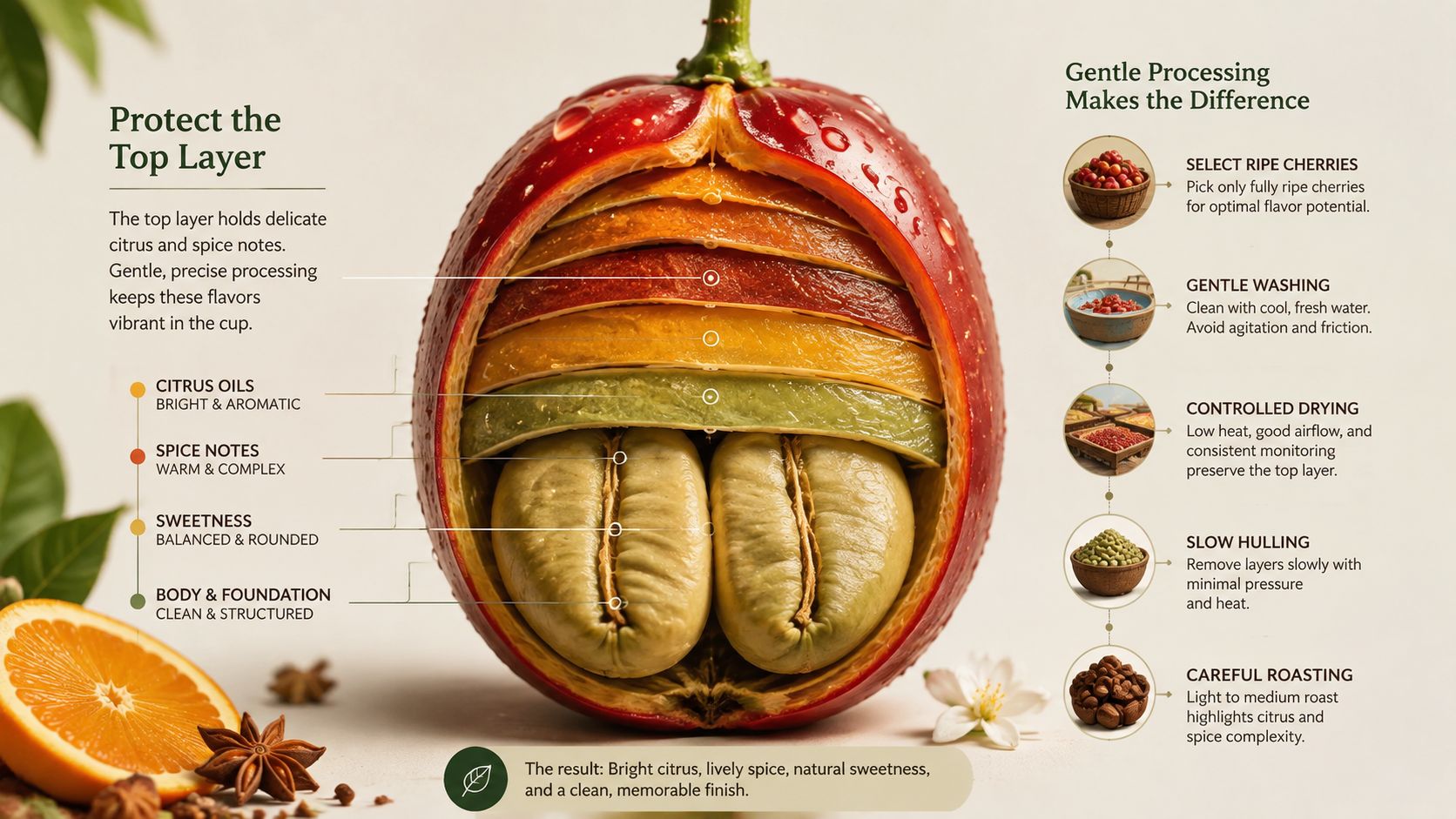 An infographic showing the anatomical layers of a coffee cherry and the steps for gentle processing.