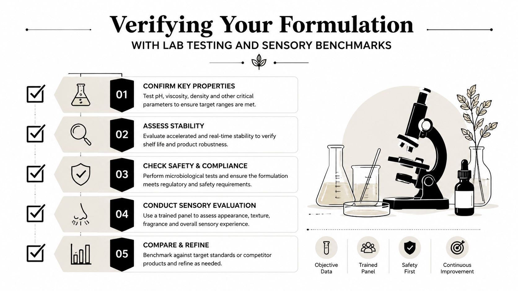 A professional infographic outlining five essential steps for verifying cosmetic product formulations through testing and sensory evaluation.