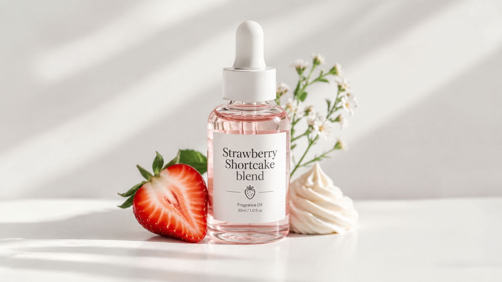 A glass dropper bottle of Strawberry Shortcake fragrance oil with a fresh strawberry and whipped cream nearby.