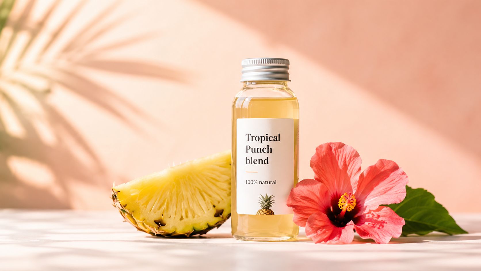 A glass bottle of tropical punch blend next to a pineapple slice and a red hibiscus flower.