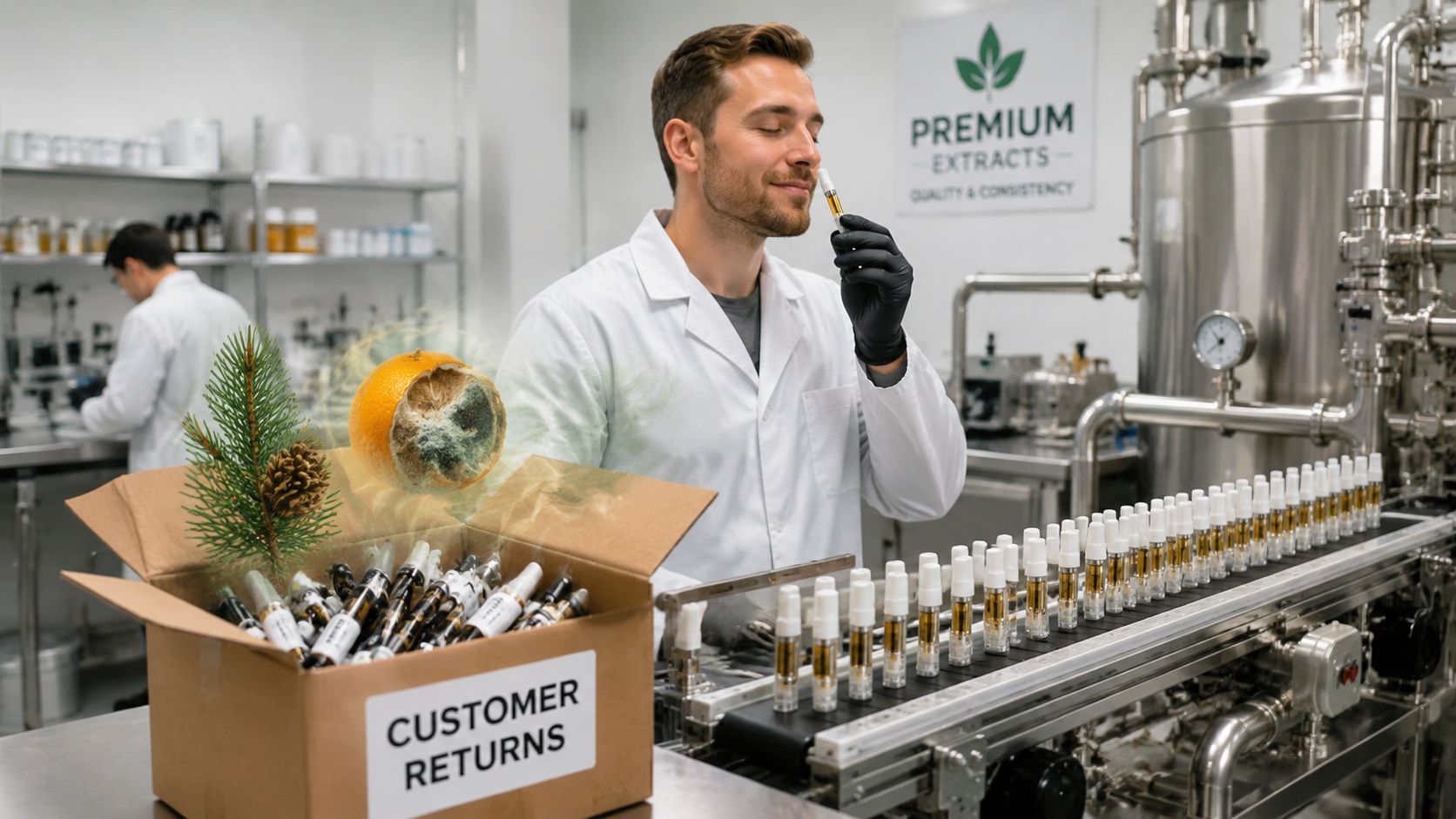 A quality control specialist inspecting a vape cartridge while standing next to a bin of returned products.