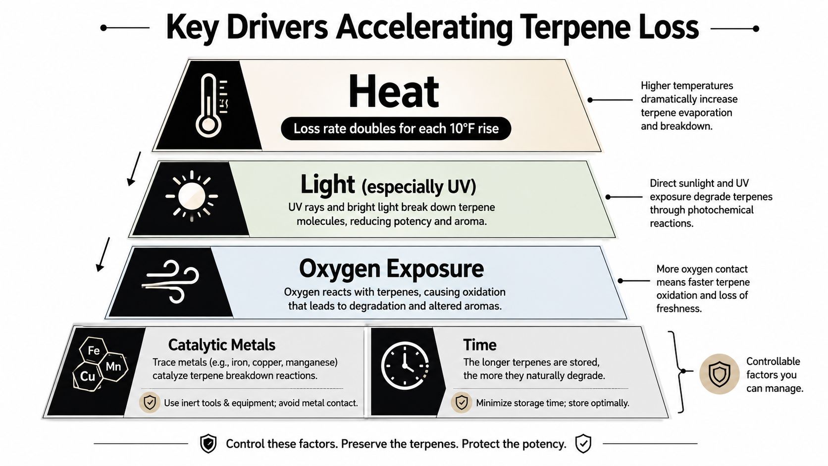 An infographic detailing five key environmental factors that accelerate terpene degradation: heat, light, oxygen, metals, and time.