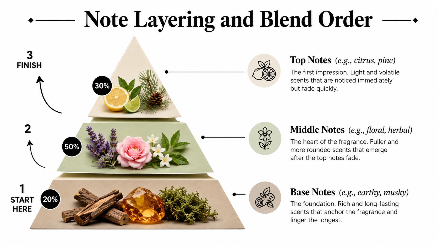 A diagram of a perfume fragrance pyramid showing the layering and blend order of base, middle, and top notes.