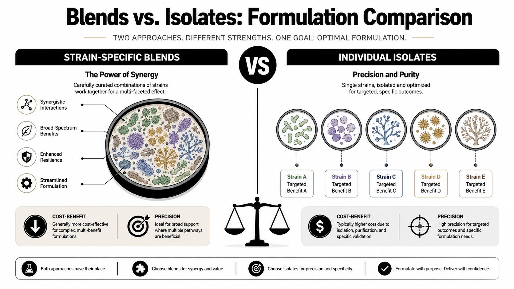 A comparison infographic between strain-specific microbial blends and individual isolates for optimal product formulation strategies.