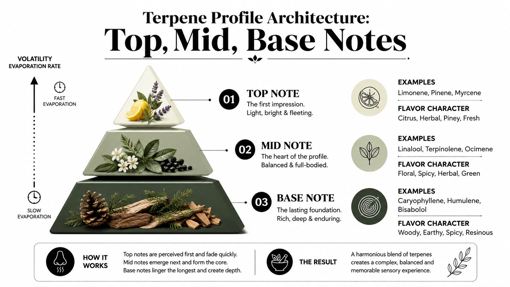 A diagram illustrating the hierarchy of terpene profile architecture, showing top, mid, and base notes.