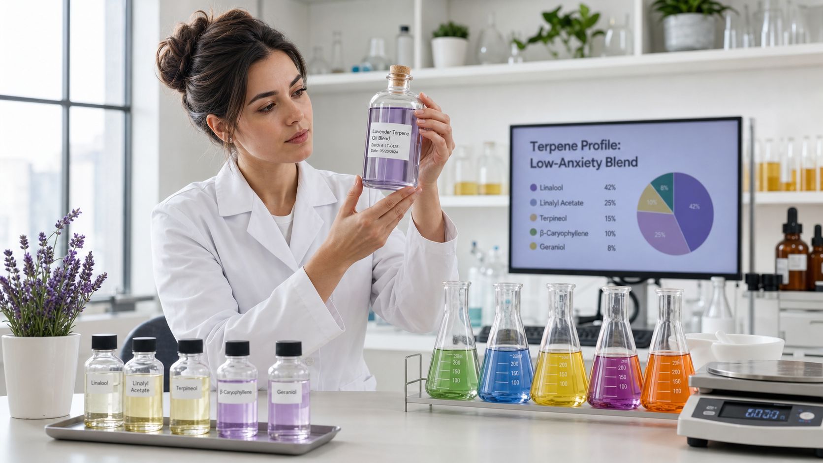 A female scientist in a white coat examines a bottle of purple lavender terpene oil in a laboratory.