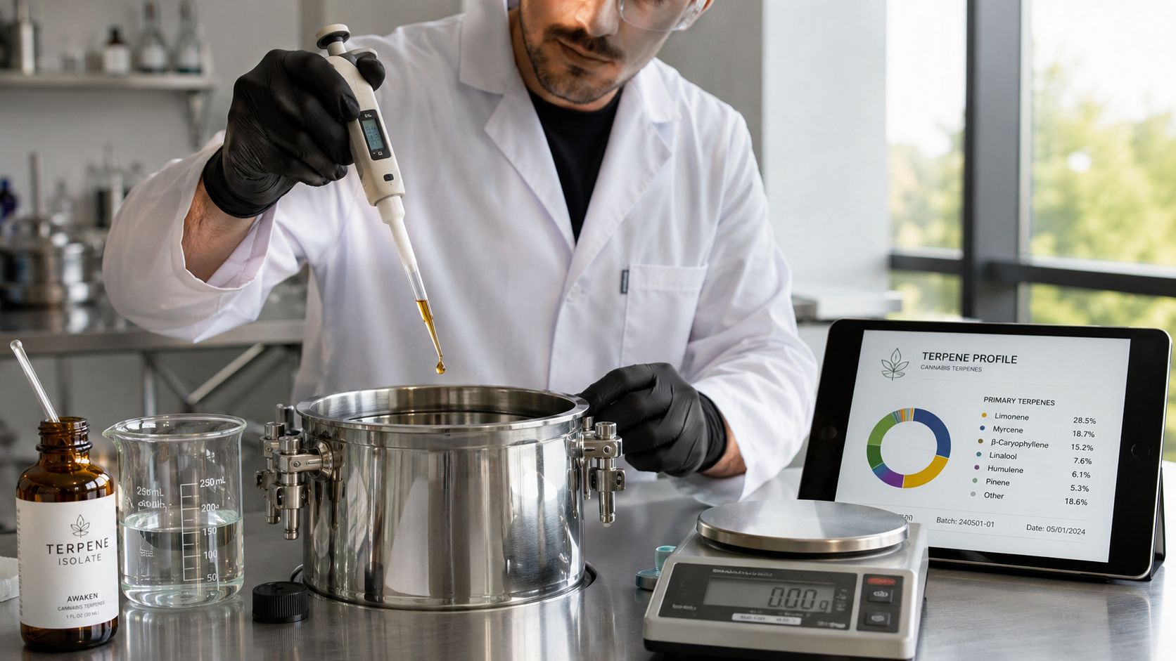 A lab technician in a white coat uses a pipette to test for terpenes in a container.