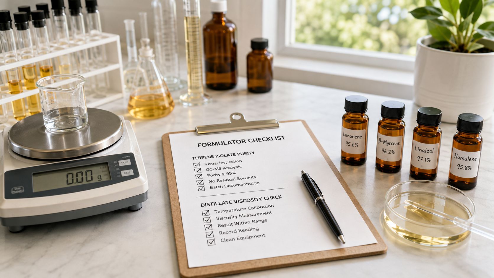 A professional laboratory workspace featuring a formulator checklist, terpene isolates, glassware, and precision weighing scales.