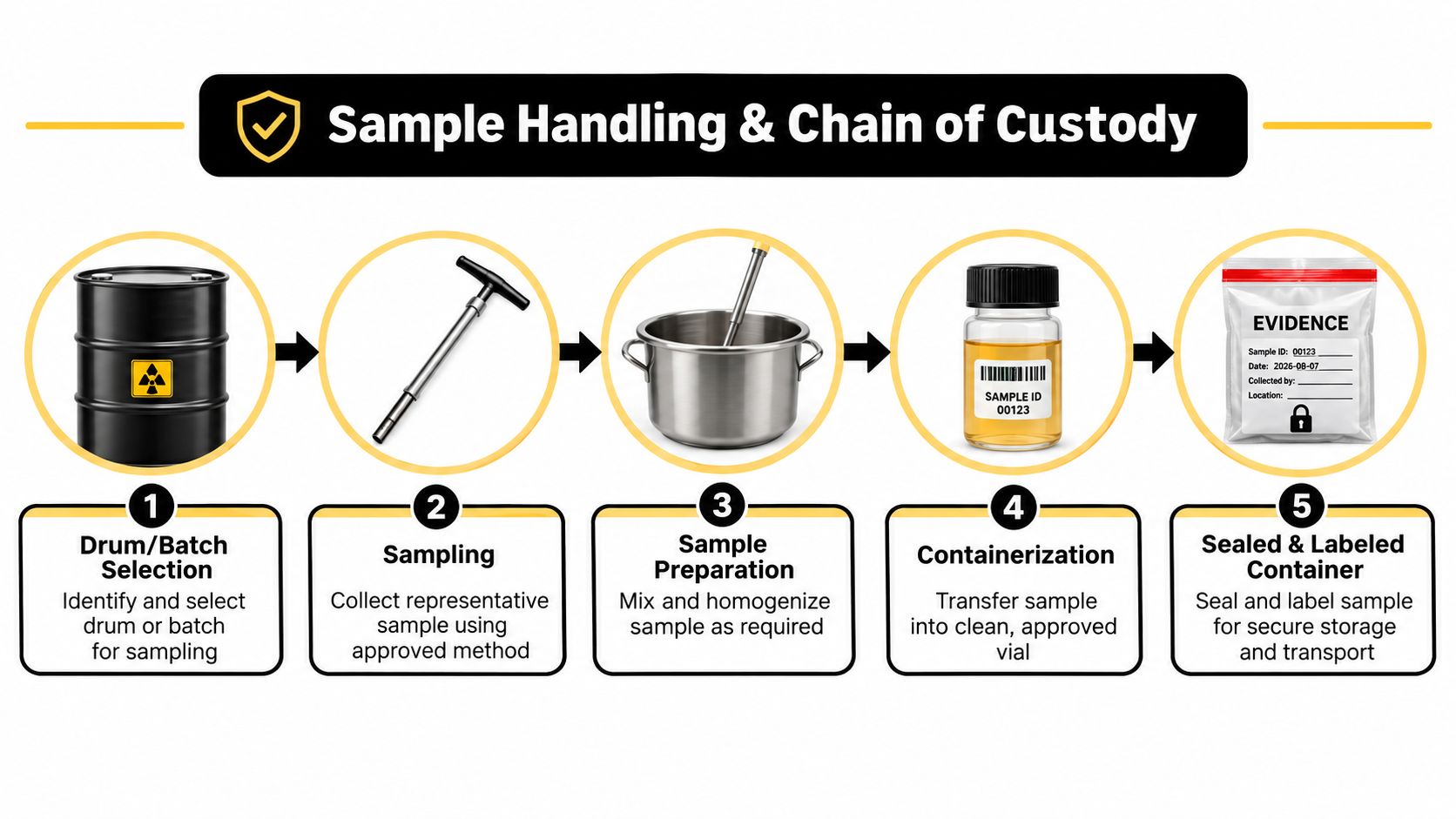 A five-step infographic illustrating the sample handling and chain of custody process for radioactive materials.