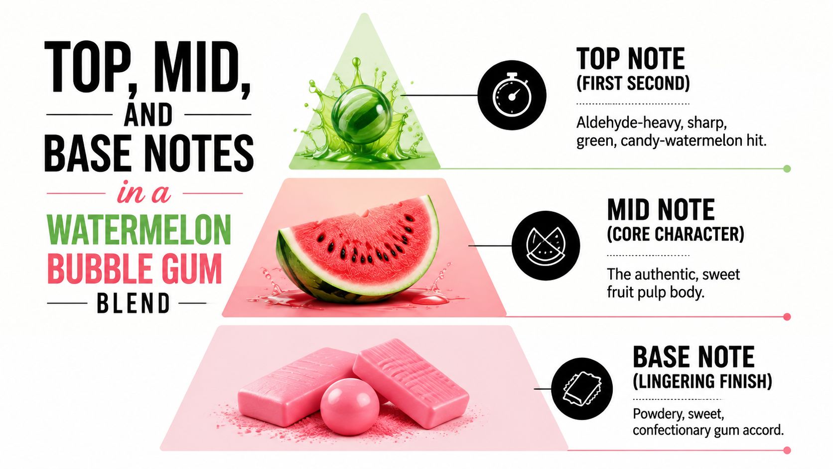 An infographic showing the fragrance pyramid of a watermelon bubble gum blend with top, mid, and base notes.