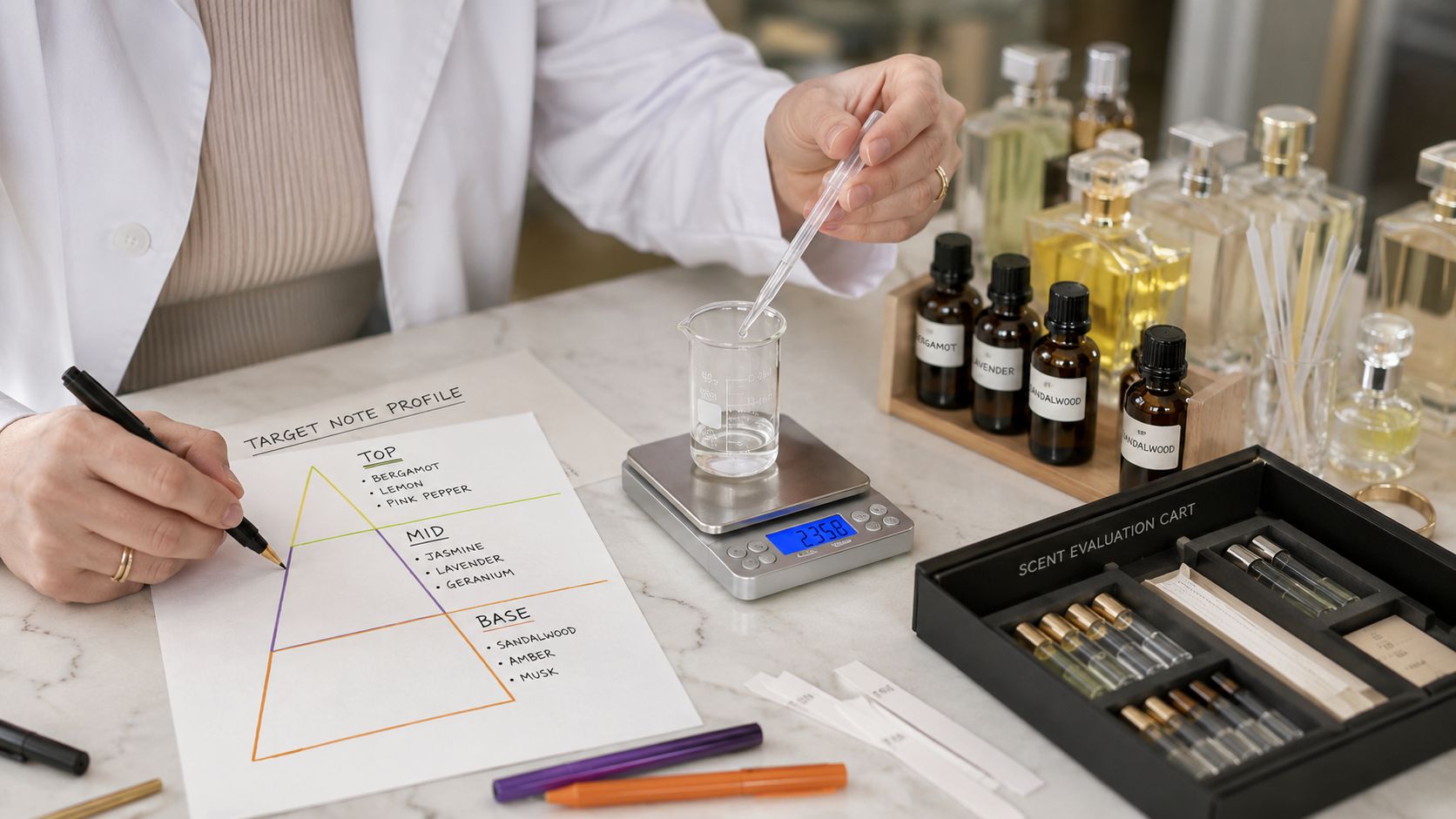 A perfumer in a white lab coat records scent notes on a pyramid chart while using a pipette.
