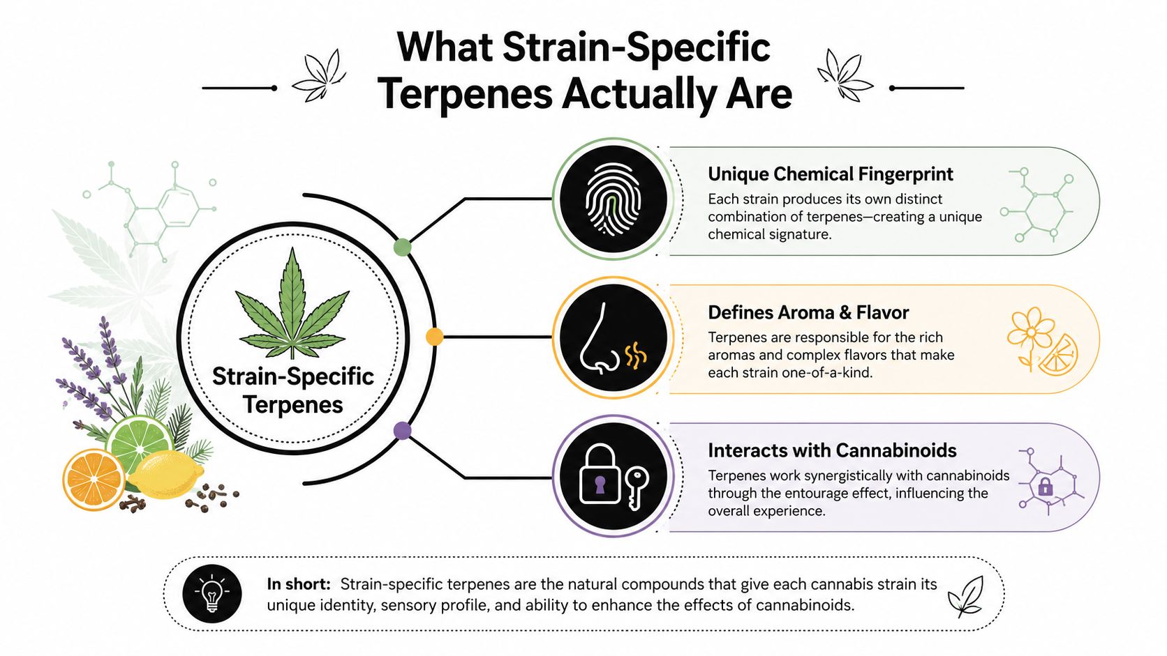 An infographic explaining that strain-specific terpenes provide unique chemical fingerprints, distinct aromas, and synergistic cannabinoid interactions.