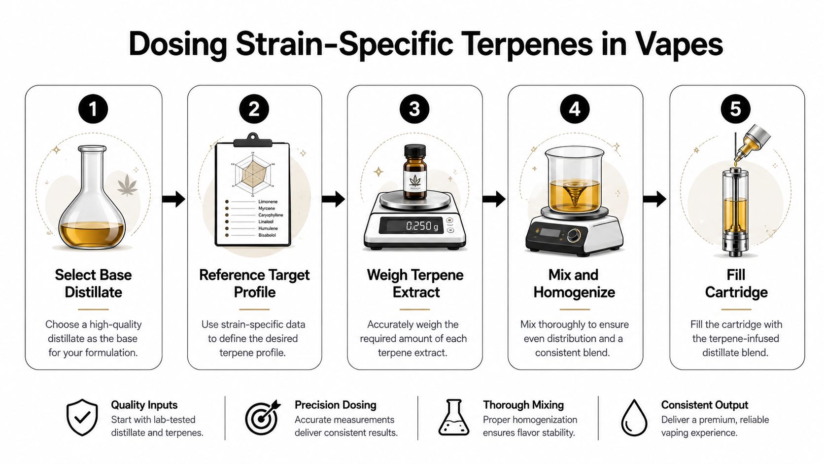 A five-step infographic showing the process for dosing strain-specific terpenes into cannabis oil vape cartridges.