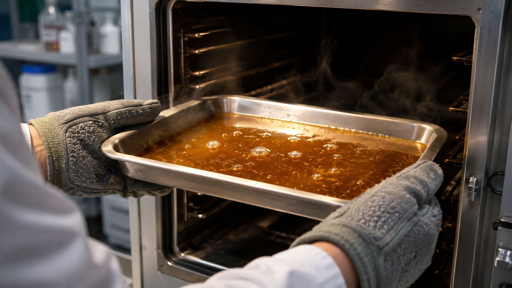 A gloved person removing a tray of bubbling decarbed cannabis wax from a laboratory oven.