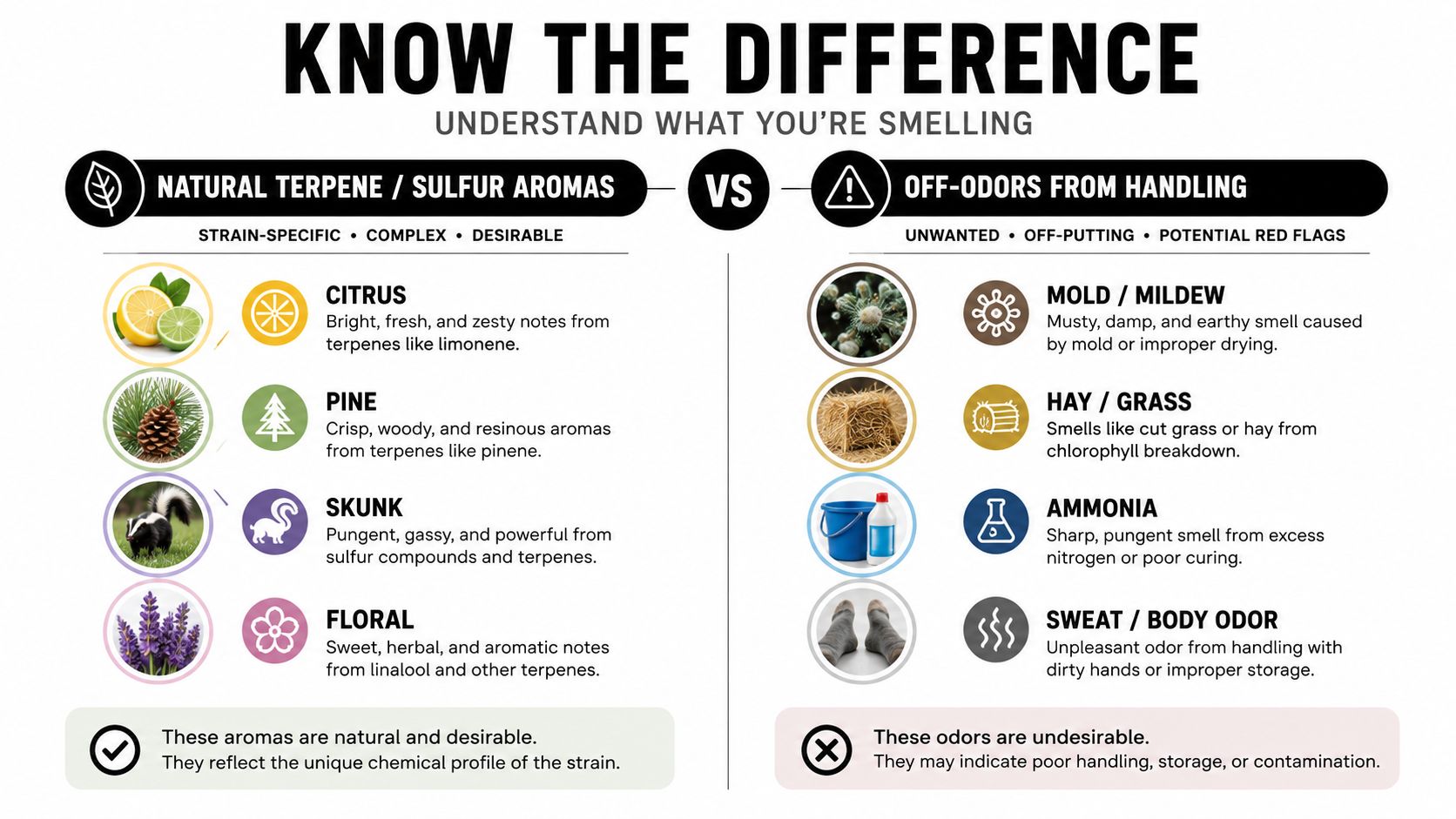 A comparison chart explaining the difference between natural, desirable cannabis aromas and unpleasant off-odors from improper handling.