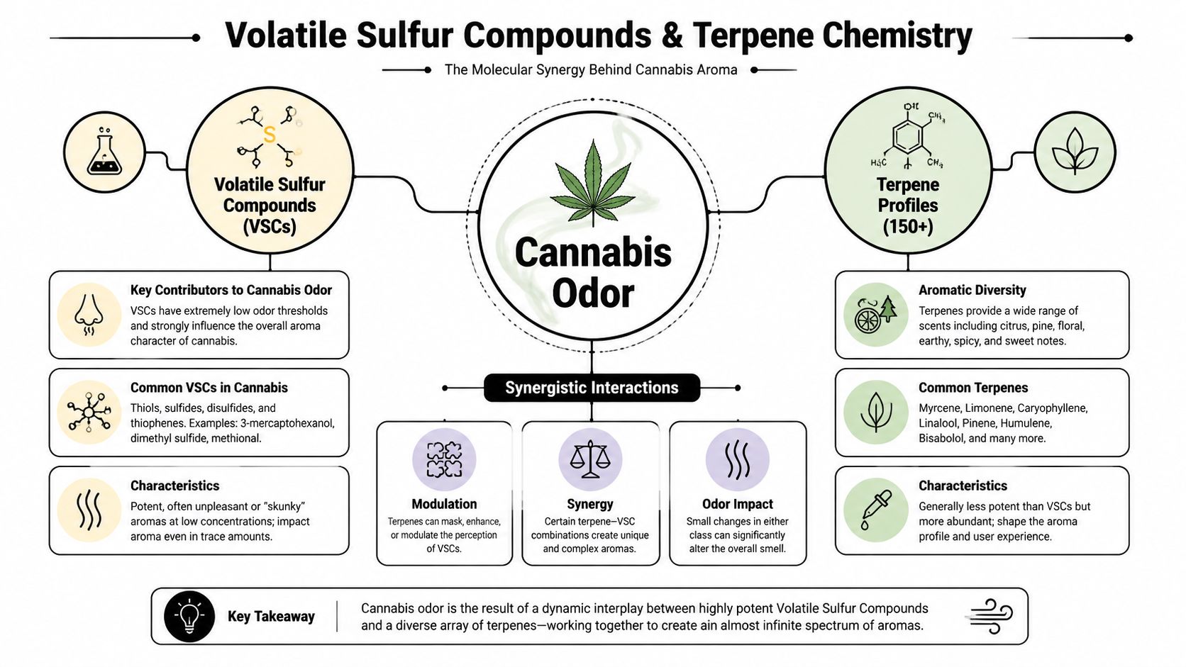 An infographic explaining how Volatile Sulfur Compounds and terpenes synergistically create the complex aroma of cannabis.