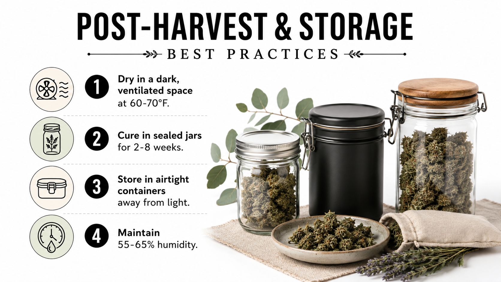 A step-by-step guide on best practices for post-harvest cannabis drying, curing, and long-term storage.