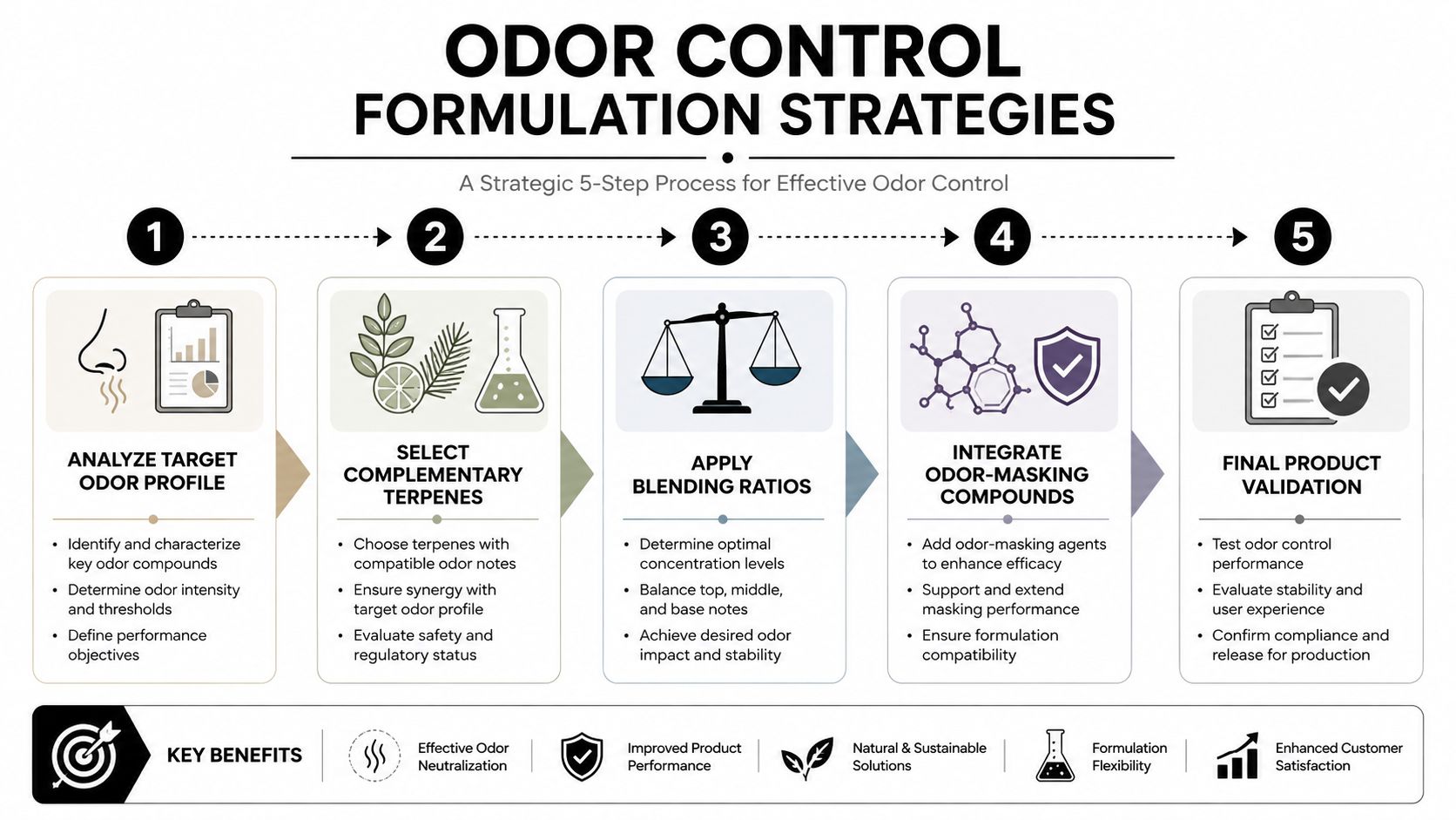 A 5-step process infographic for odor control formulation strategies including analysis, selection, blending, masking, and validation.