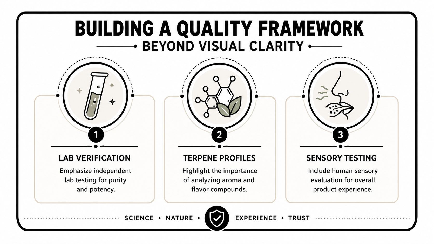 An infographic titled Building a Quality Framework showing three steps: lab verification, terpene profiles, and sensory testing.