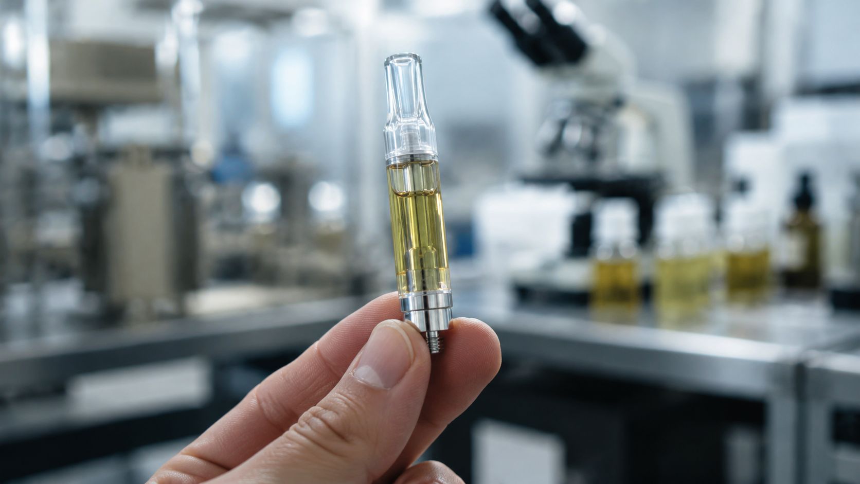 A hand holding a glass vape cartridge filled with yellow oil in a professional laboratory setting.