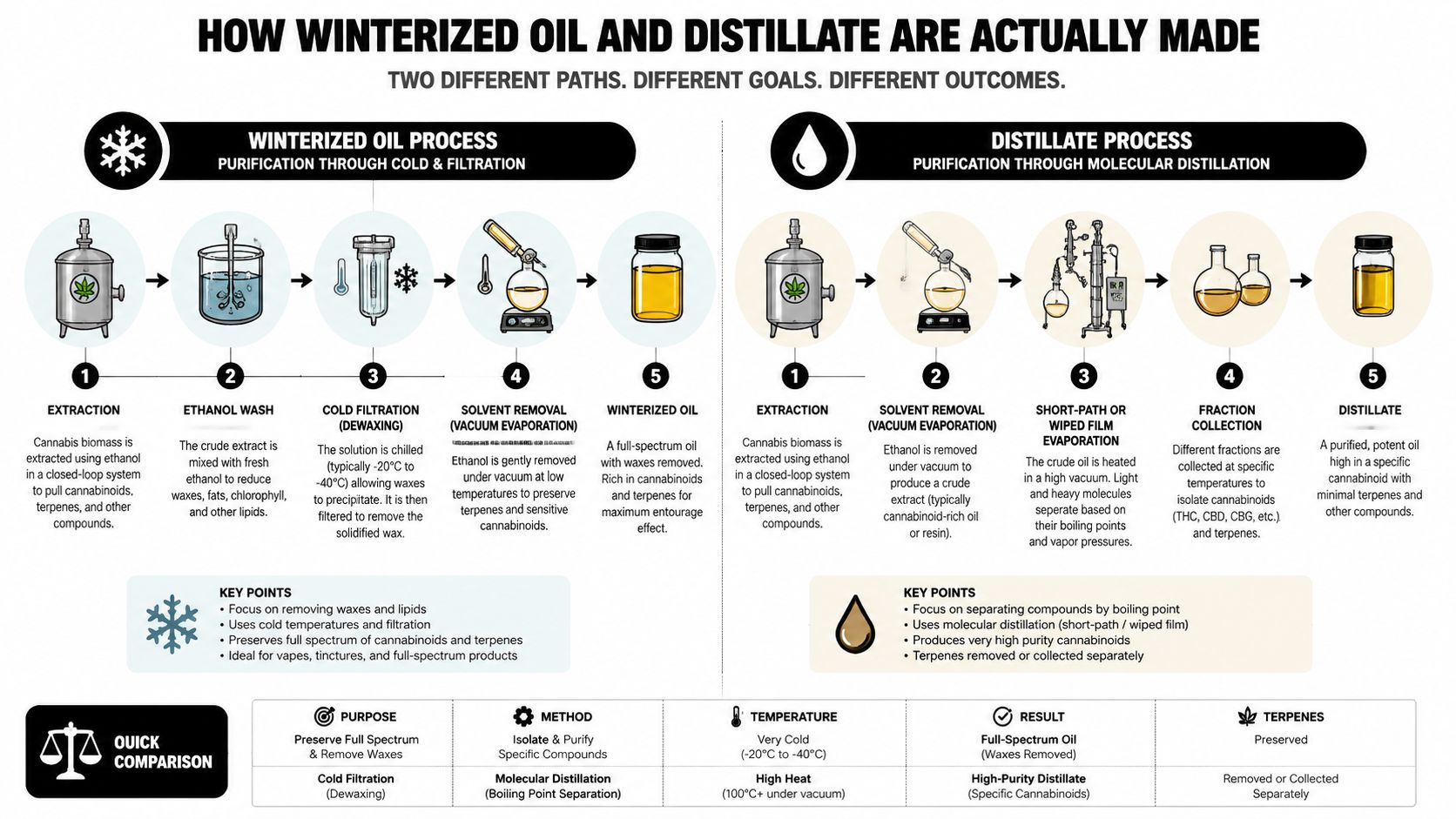 A detailed infographic showing the step-by-step production processes for cannabis winterized oil versus high-purity distillate.