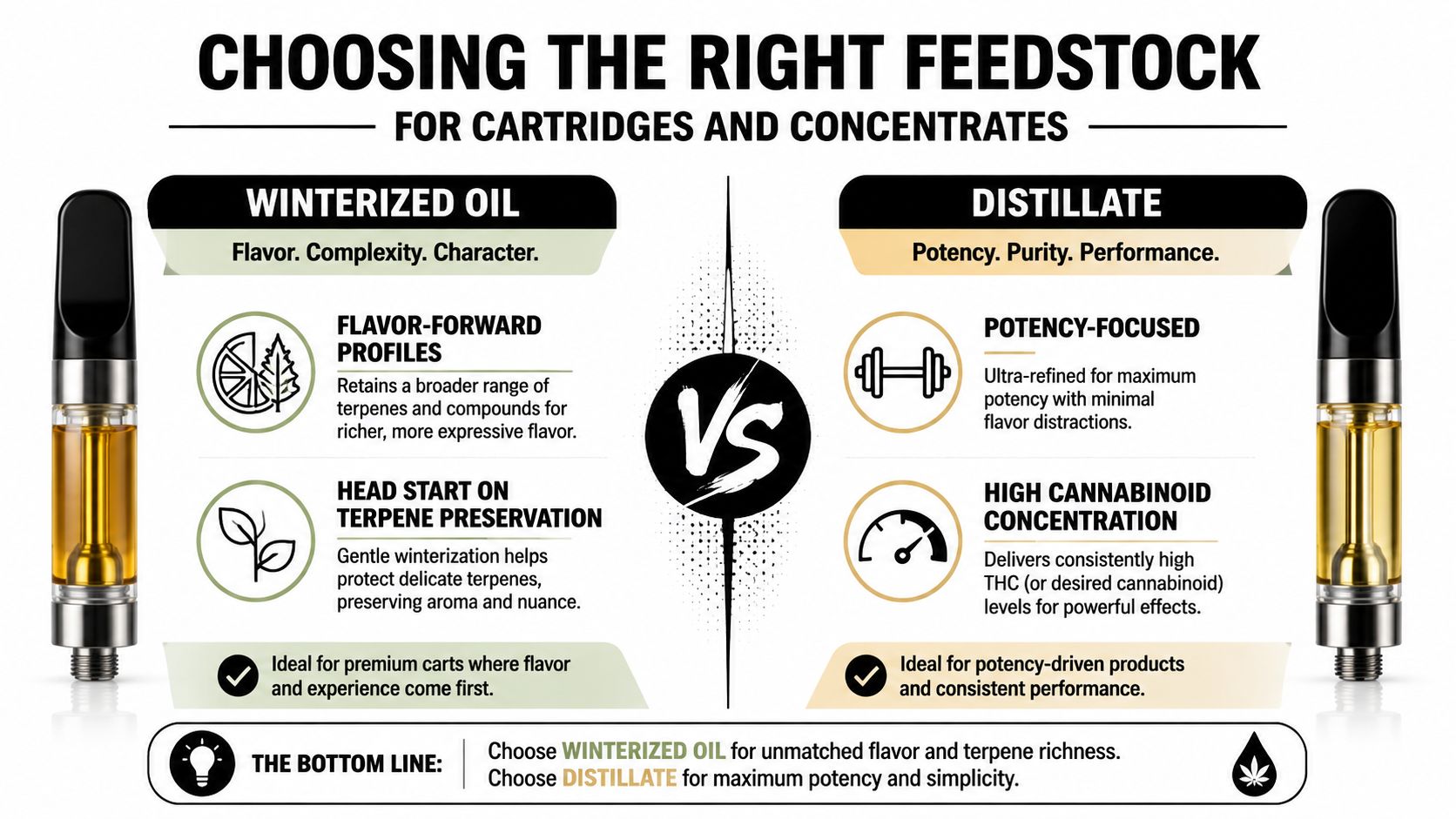 An infographic comparing winterized oil and distillate for vape cartridges, focusing on flavor versus potency differences.