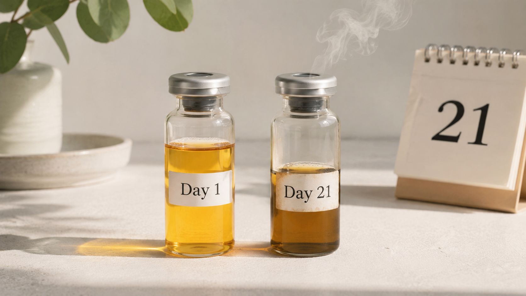 Two glass vials labeled Day 1 and Day 21 standing on a surface with a calendar nearby.