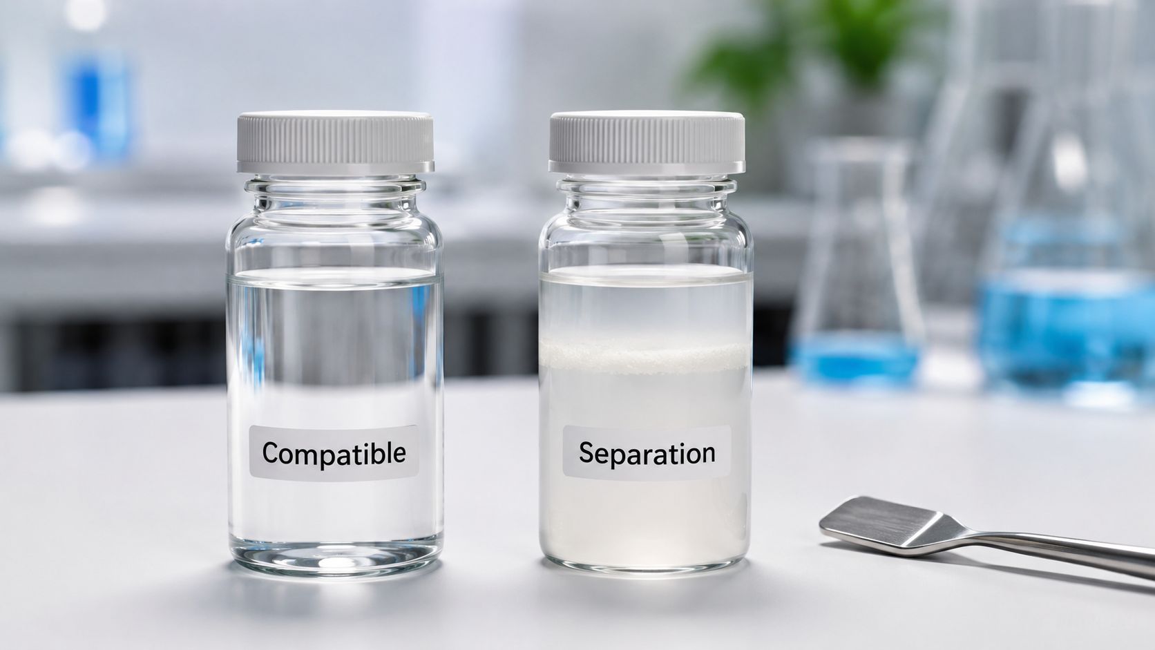 Two laboratory vials containing different chemical mixtures, one showing a compatible solution and one showing phase separation.