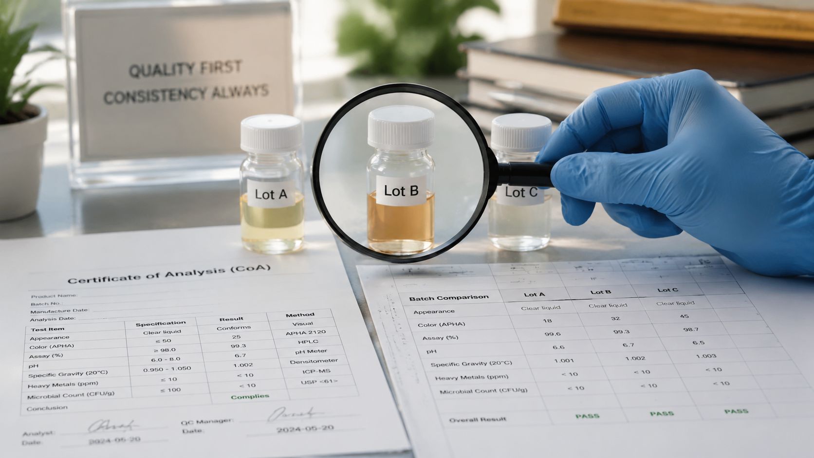A gloved hand uses a magnifying glass to inspect a vial labeled Lot B during chemical testing.