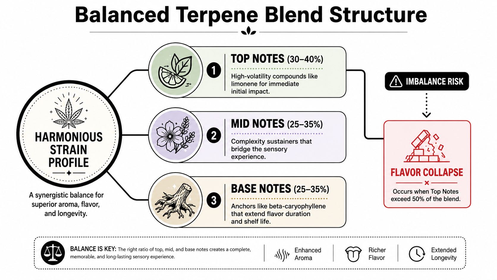 A diagram explaining the balanced terpene blend structure for cannabis with top, mid, and base notes ratios.