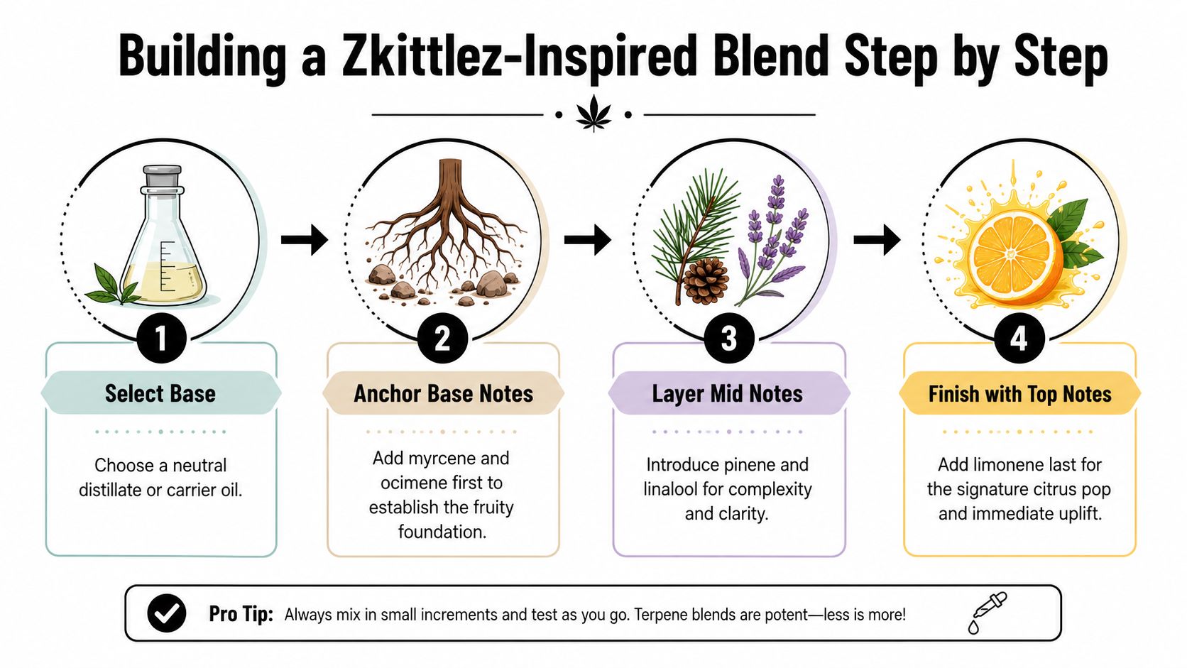 An infographic showing four steps to create a Zkittlez-inspired terpene blend with neutral base, base, mid, and top notes.
