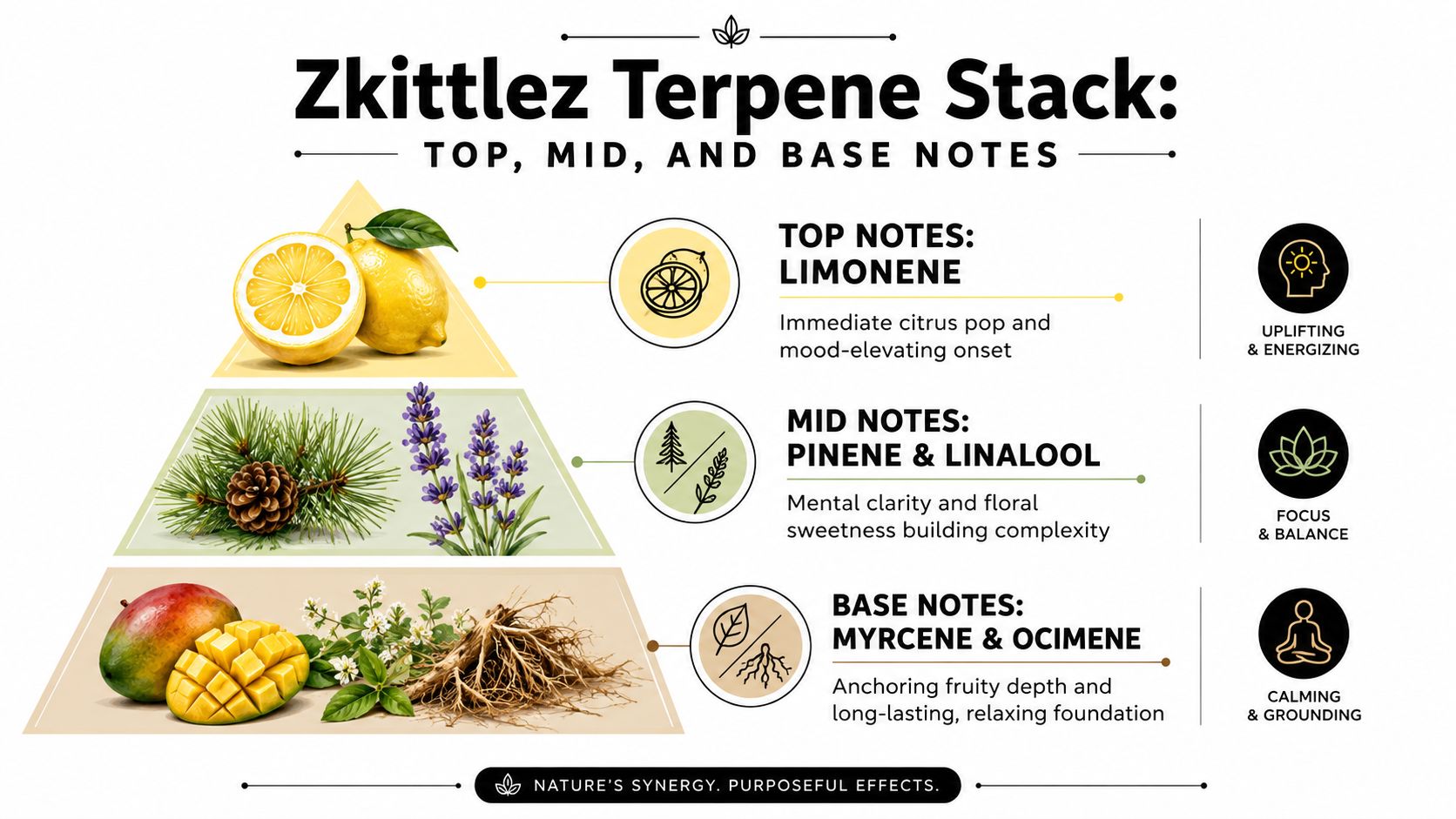 An infographic showing the Zkittlez terpene stack with top, mid, and base notes including limonene, pinene, linalool, myrcene, and ocimene.