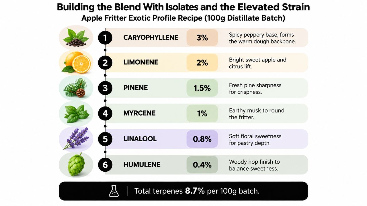 A recipe infographic for creating an Apple Fritter exotic terpene profile using a 100g distillate batch.