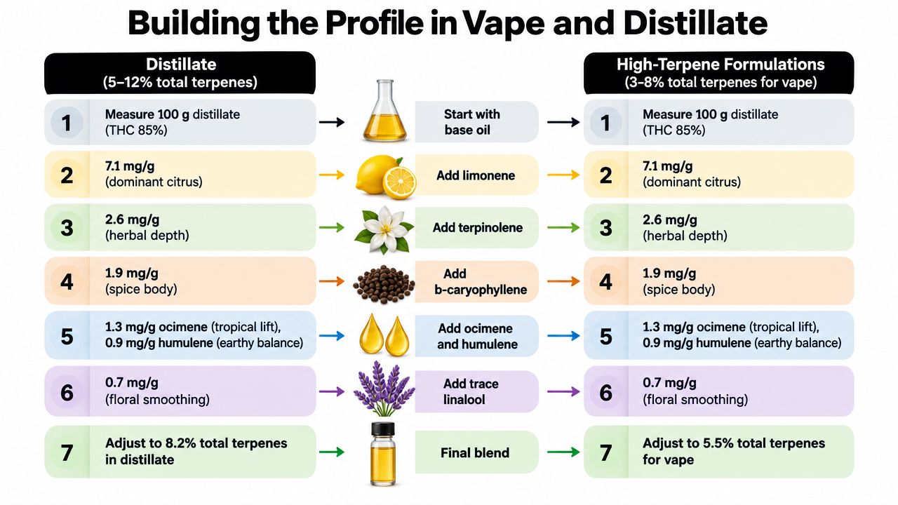 A process chart comparing terpene formulation recipes for cannabis distillate and high-terpene vape oil products.