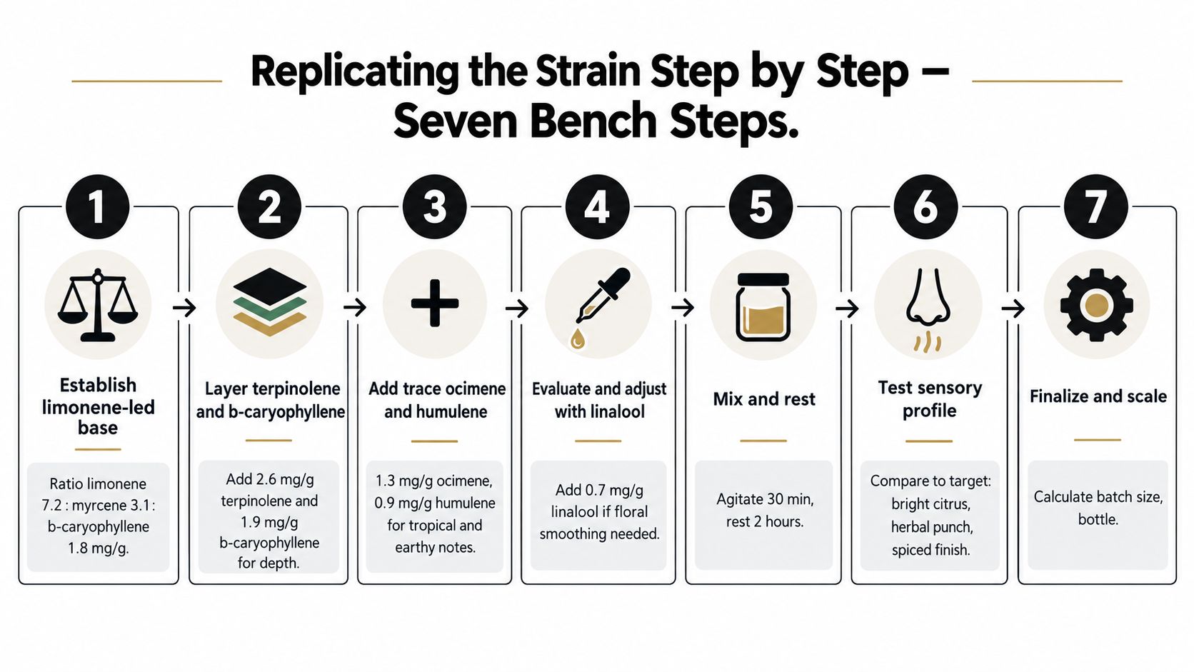 A seven-step instructional infographic showing the process for replicating a cannabis terpene profile using bench methods.
