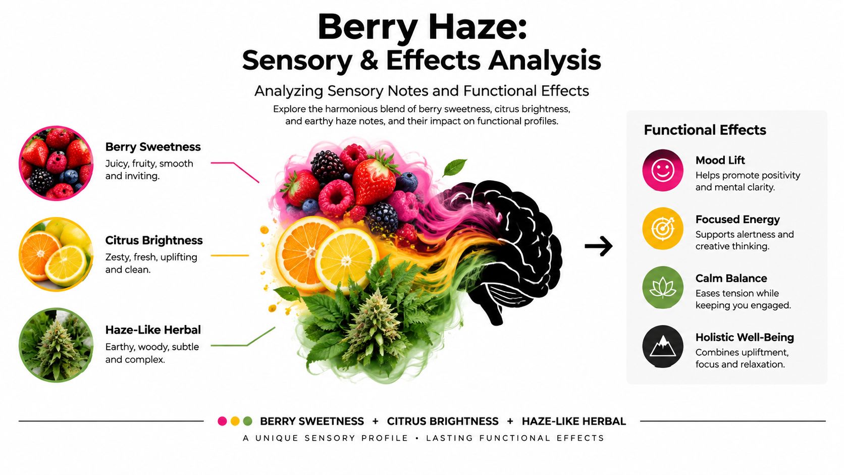 An infographic detailing the sensory profile and functional effects of the Berry Haze cannabis strain.