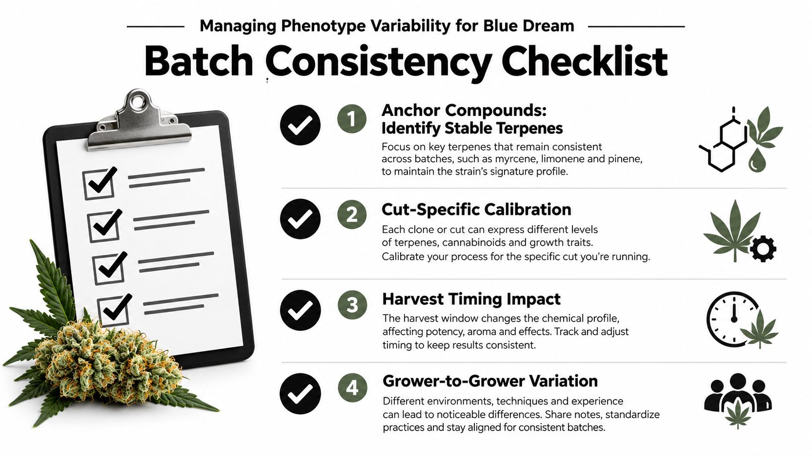A batch consistency checklist for Blue Dream cannabis featuring four key steps to ensure phenotype stability.