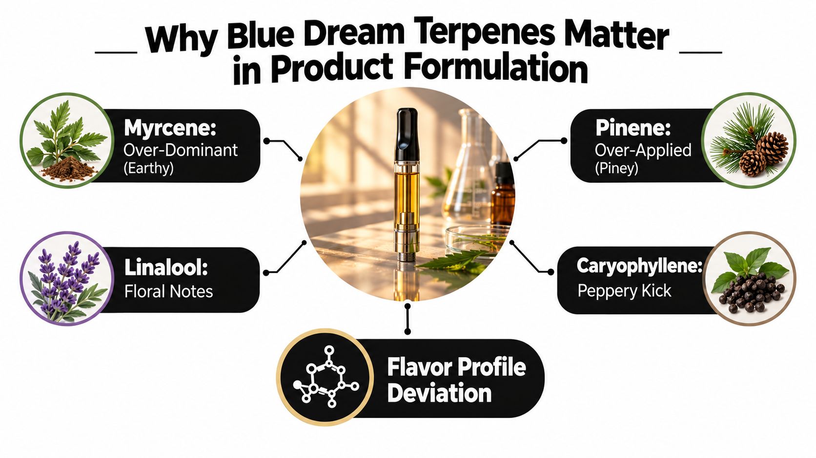 An infographic showing the various terpenes in Blue Dream cannabis strain products and their flavor profiles.