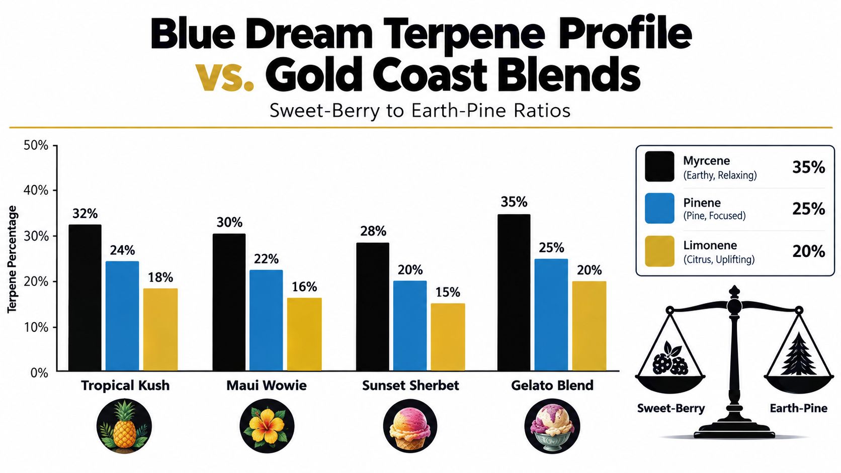 A bar chart comparing terpene profiles of various cannabis strains labeled Tropical Kush, Maui Wowie, Sunset Sherbet, and Gelato.