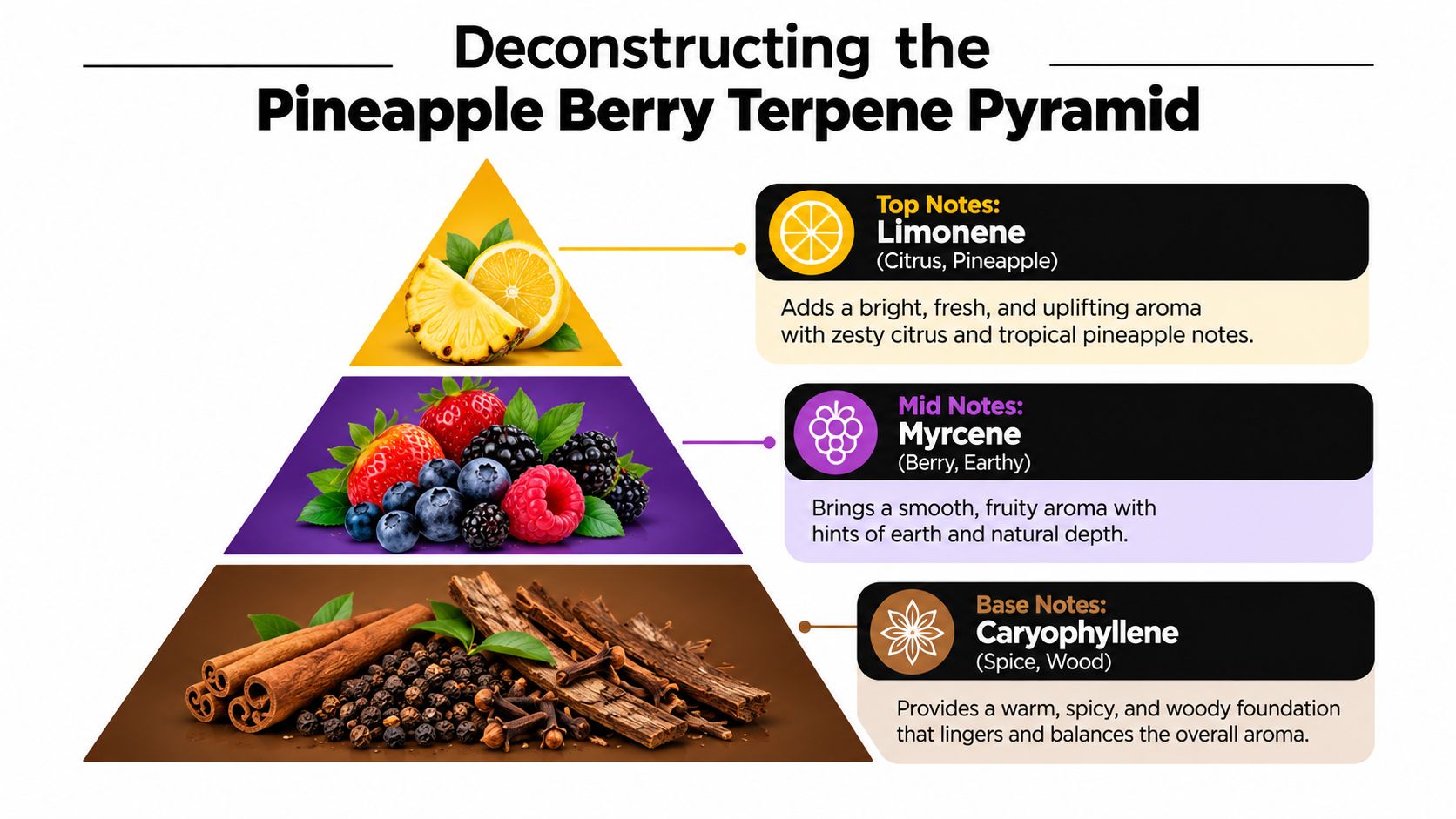 An infographic showing the terpene pyramid of the Pineapple Berry strain, featuring limonene, myrcene, and caryophyllene.