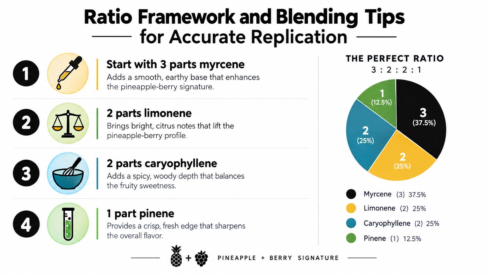 An infographic illustrating the perfect terpene ratio blend for creating a pineapple berry flavor profile.