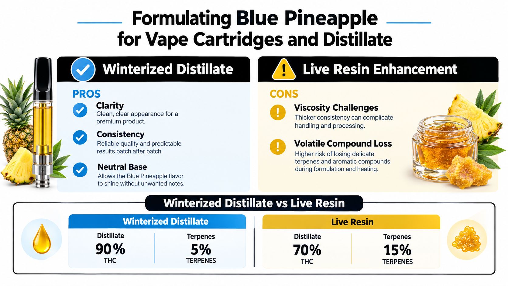 A comparison infographic showing the differences between winterized distillate and live resin for blue pineapple vape products.