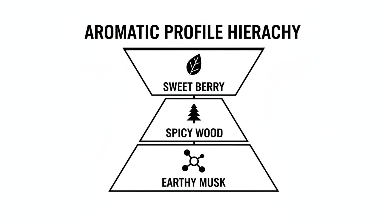 An aromatic profile hierarchy illustrating sweet berry, spicy wood, and earthy musk scents.