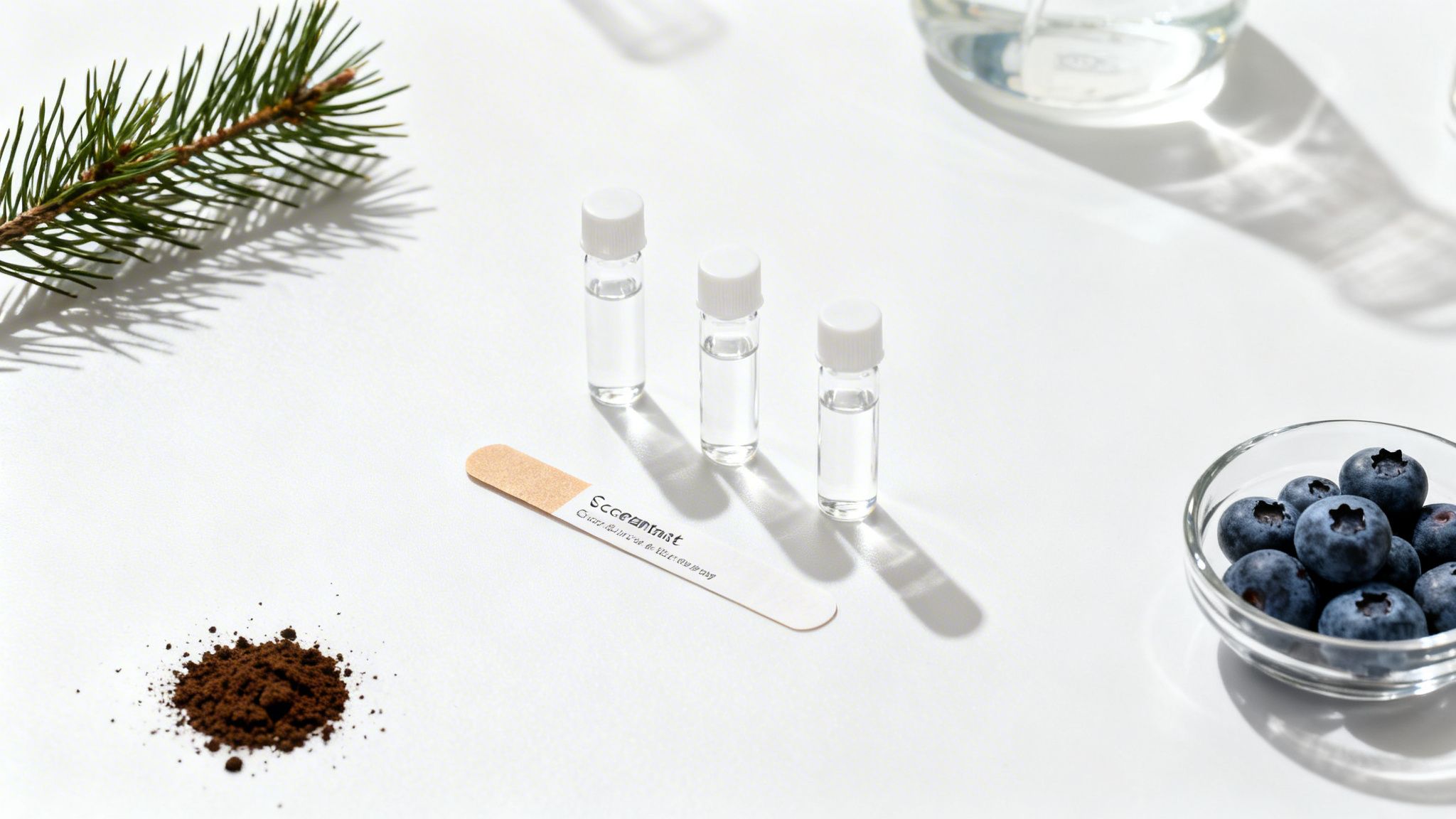 Natural product ingredients: pine branch, clear liquid vials, coffee grounds, and blueberries on white.