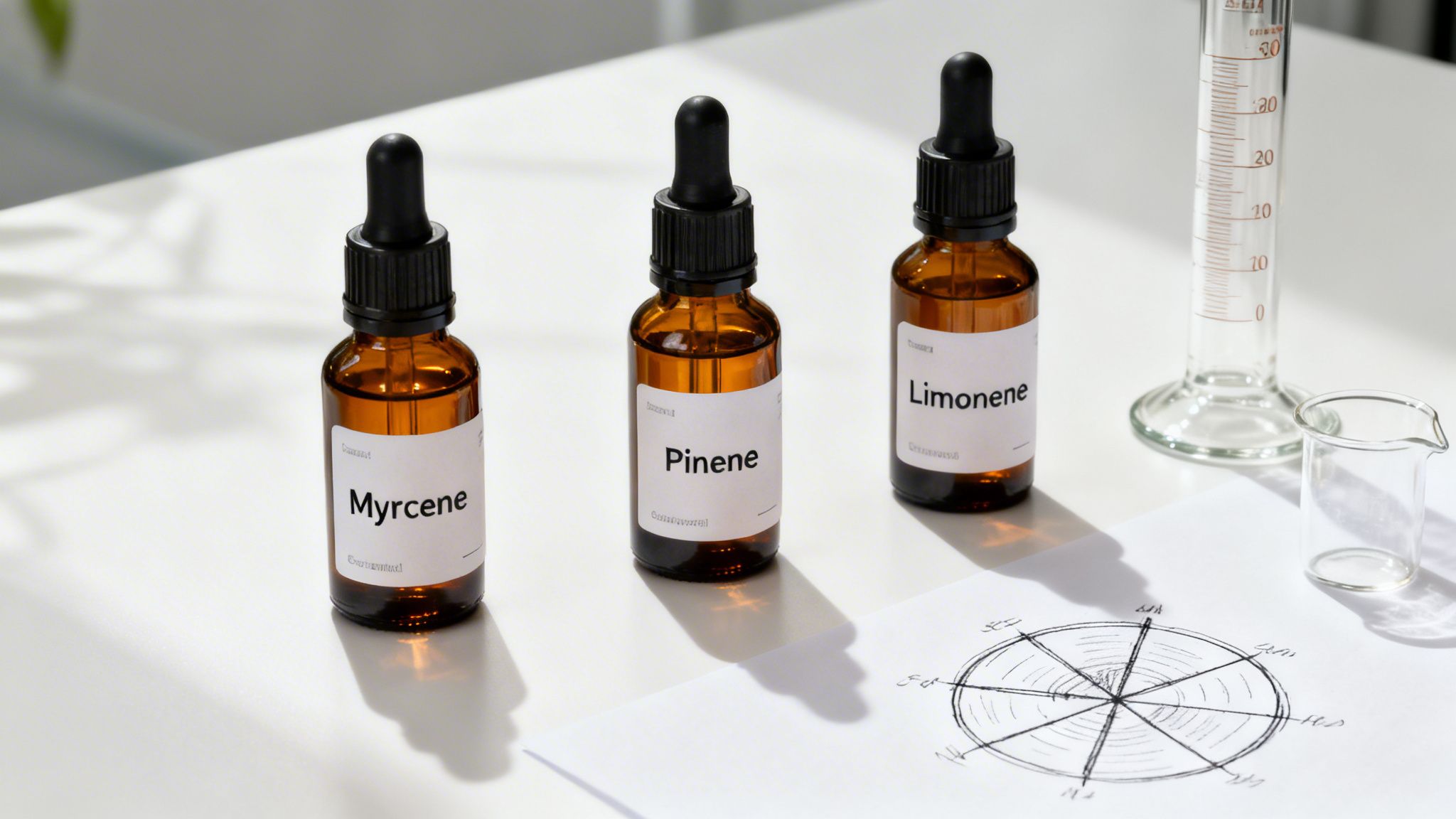 Three amber dropper bottles labeled Myrcene, Pinene, and Limonene, next to lab glassware and a terpene profile chart.