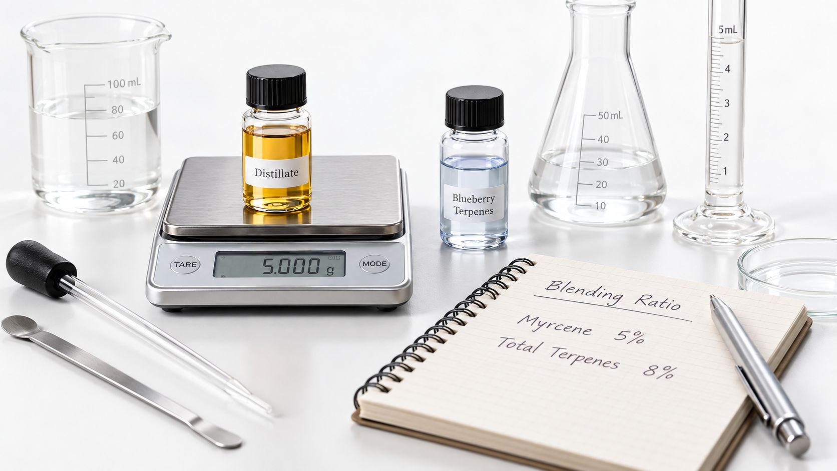 Scientific laboratory equipment with distillate oil, blueberry terpenes, digital scale, and a notebook for blending ratios.