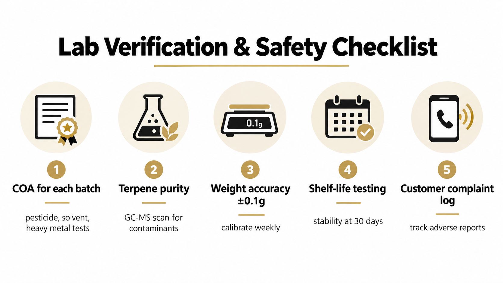 A lab verification and safety checklist infographic featuring five essential steps for quality control and testing.
