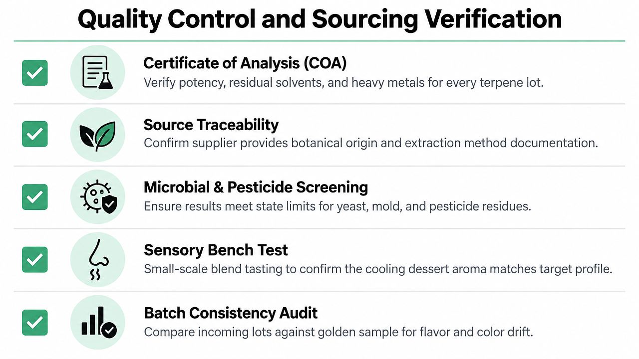 An infographic detailing five quality control and sourcing verification steps for terpene manufacturing and supply processes.