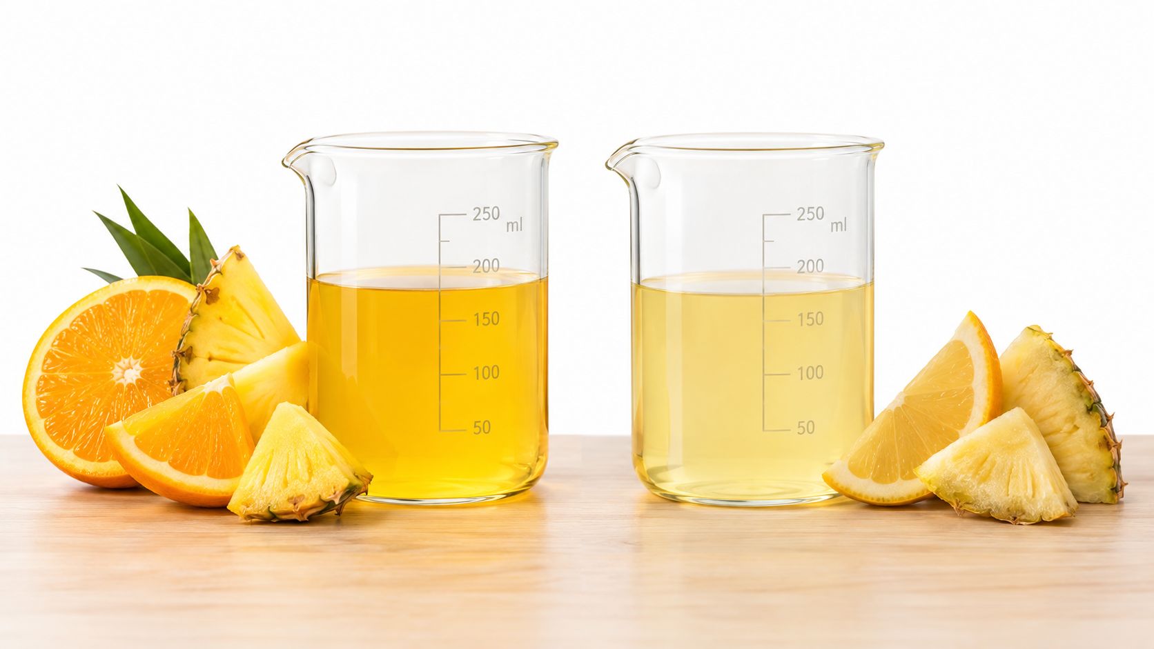 Two glass beakers filled with yellow fruit juice next to slices of fresh orange and pineapple.